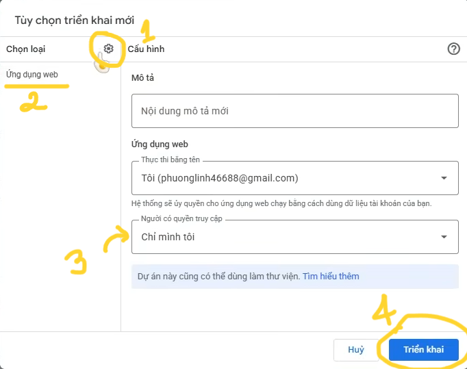 Bước 4: Chọn Ứng dụng web → Chỉ mình tôi → Triển khai