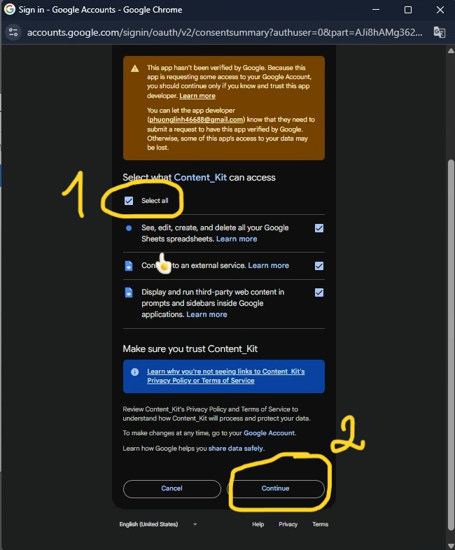 Bước 7: Cấp quyền cho code chạy cùng Google Sheet + Drive