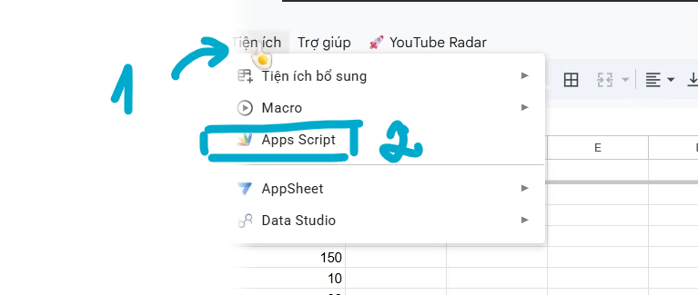 Bước 2: Mở Apps Script từ menu Tiện ích